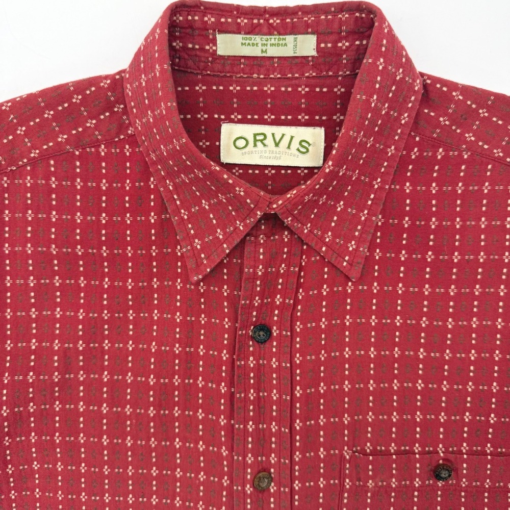 Orvis Button Down Shirt Mens Medium Red Short Sleeve Geometric Dobby Cotton Top